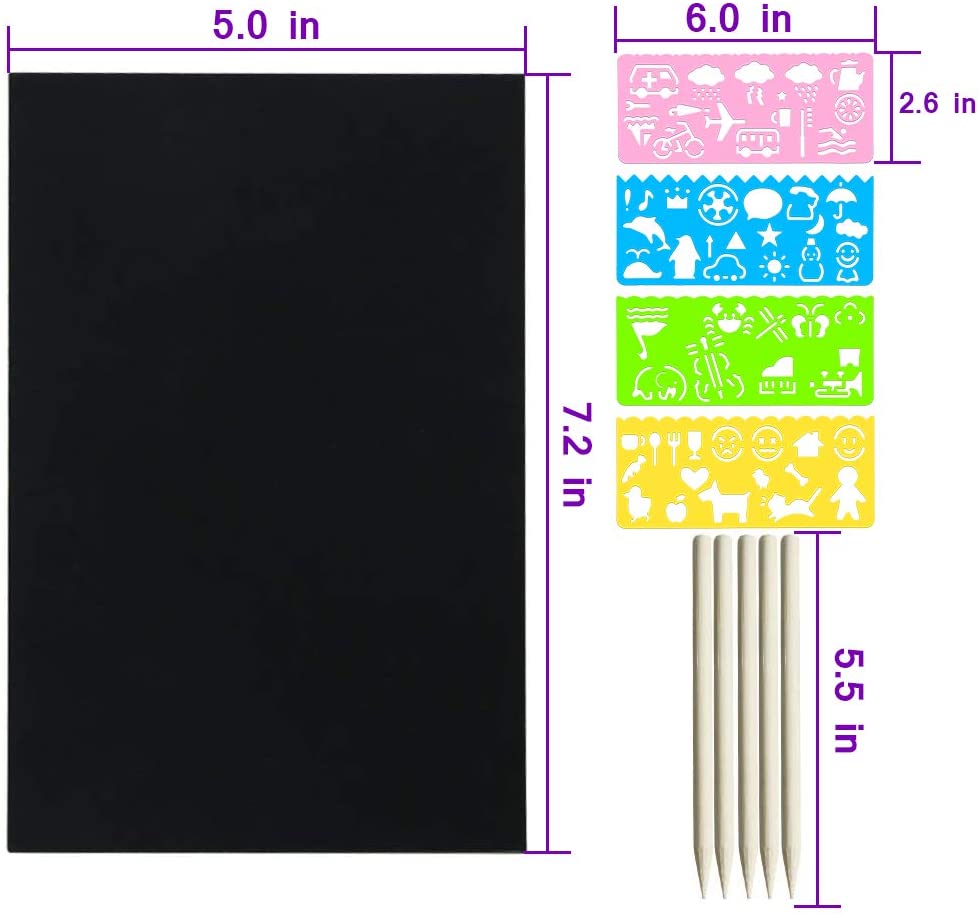 50 Pcs Rainbow Magic Scratch Papier Kit Voor Kids Black Krabben Off Art Ambachten Notities Met 5 Houten Stylus en 4 Stencils Diy