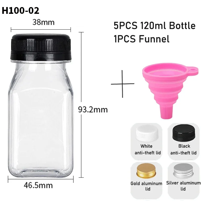 5 uds 60-500ML botellas de plástico transparentes vacías con tapas con embudo plegable contenedores de botellas de agua reutilizables para batidos de jugo DIY: Verde claro / 60 ml