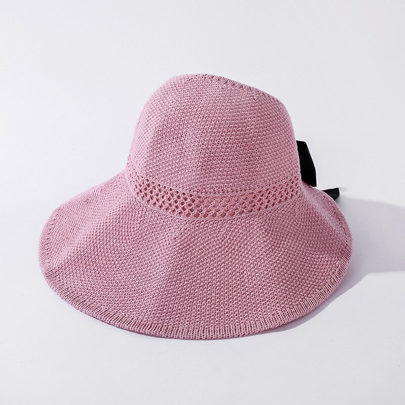 Zomer Boog Zon Hoeden Lege Top Hat Vrouwen Uitsparing Strand Hoed Vrouwen Zon Cap Lint Knit Raffia Zonnehoed uv Protction Caps: Pink