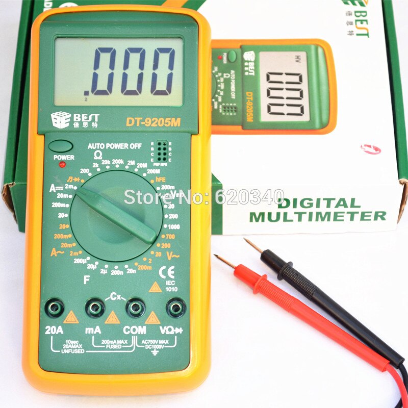 BEST DT9205M LCD Digital Multimeter Voltmeter Ohmmeter Ammeter Capacitance Tester + Glass Fuses + Probe Wire Pen Cable + Probe