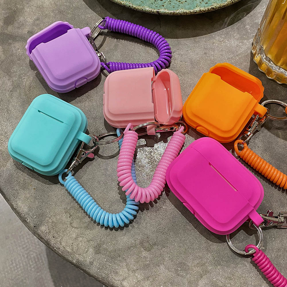 Hülle für Airpods 1/2/3/4, Silikon, einfarbig, schützende Kopfhörer-Abdeckung für Apple Air Pods Pro 2, Feder, flexible Kette, Schlüsselanhänger