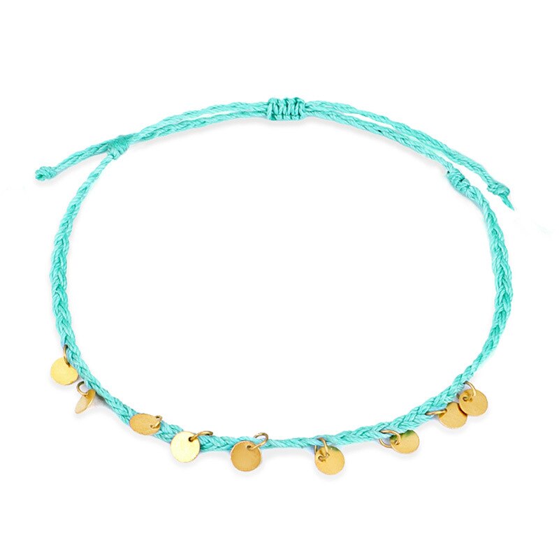 Bracelet de cheville en fil de cire tissé à la main avec pendentif en forme de disque de cuivre, bijou de plage simple pour femmes: Lb049-1