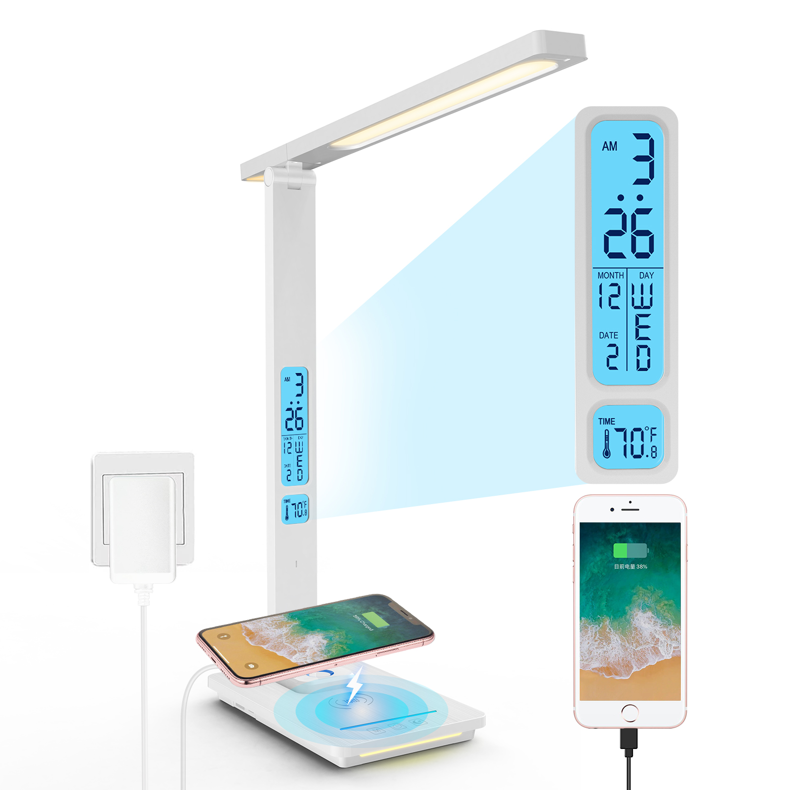 LAOPAO 10W QI charge sans fil LED lampe de bureau avec calendrier température réveil oeil protéger étude affaires lumière lampe de Table