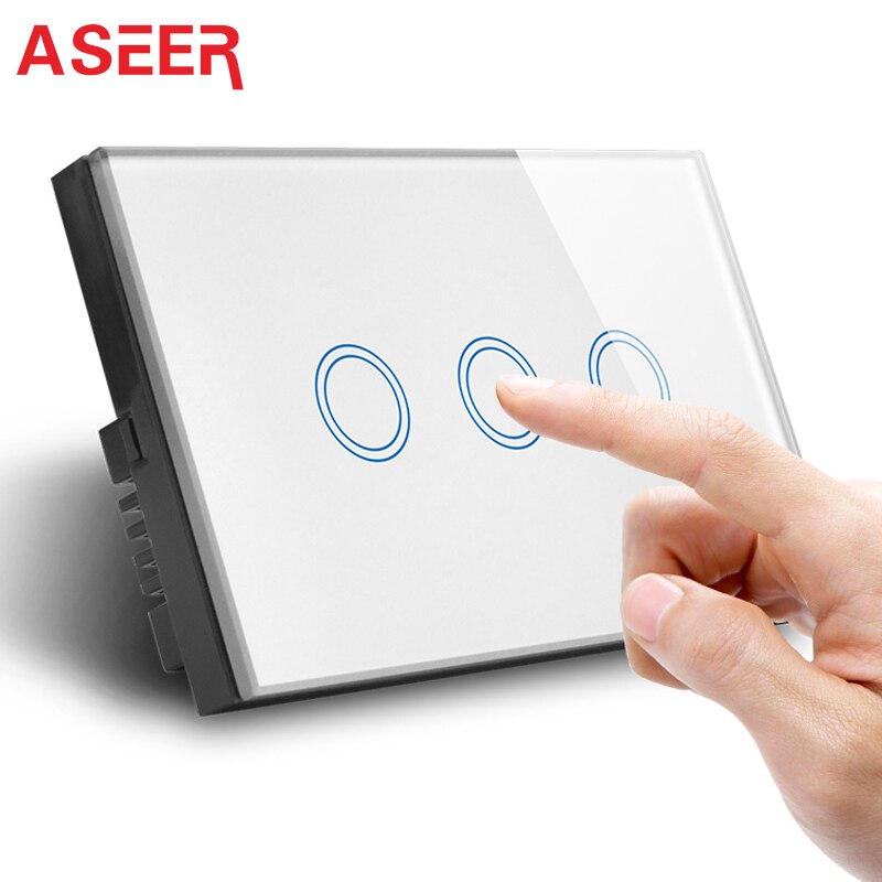 Aseer, Au/Us Standard Muur Touchscreen Schakelaar, 3-Gang 1way, ac 110 ~ 240V, White Crystal Glass Panel 600W/Gang Hi-US03W