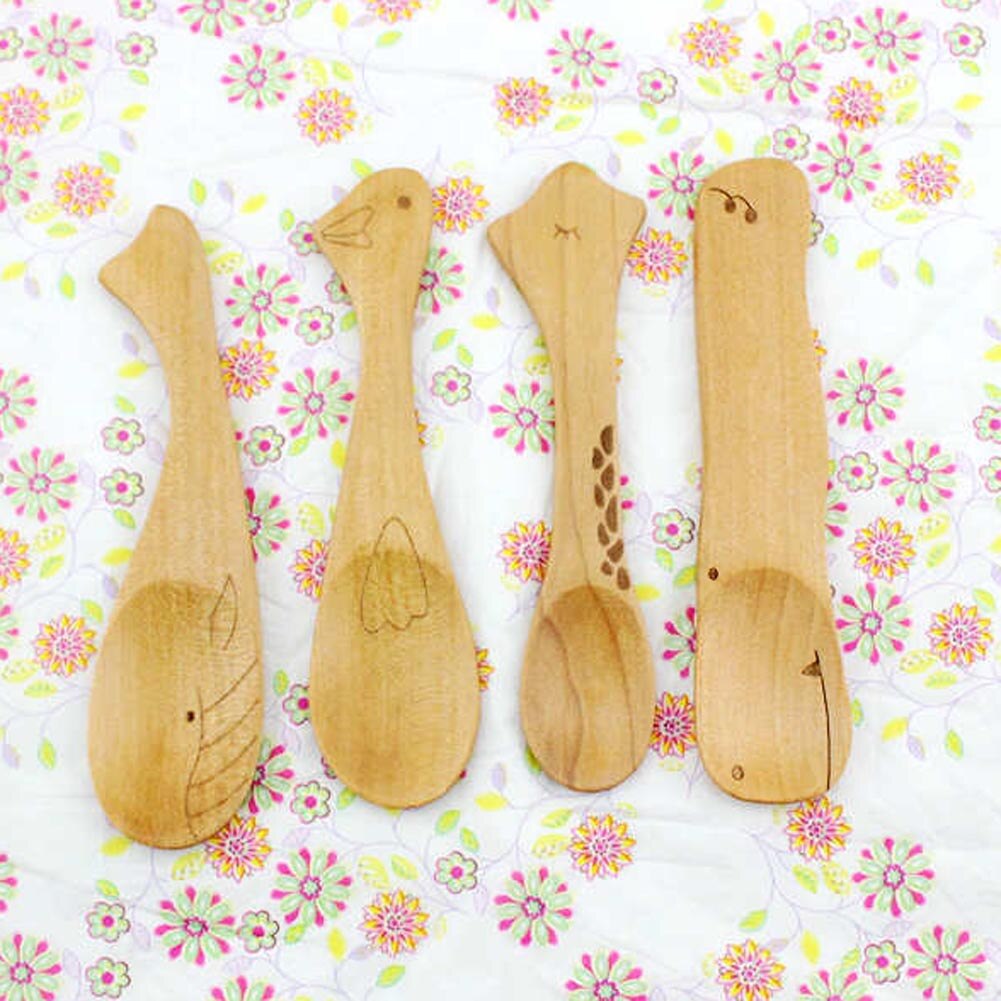 1PC Cartoon Animal Wooden Mini Spoon Hippo Duck Whale Kitchen Eco-friendly Baby Children Cream Spoons Tableware