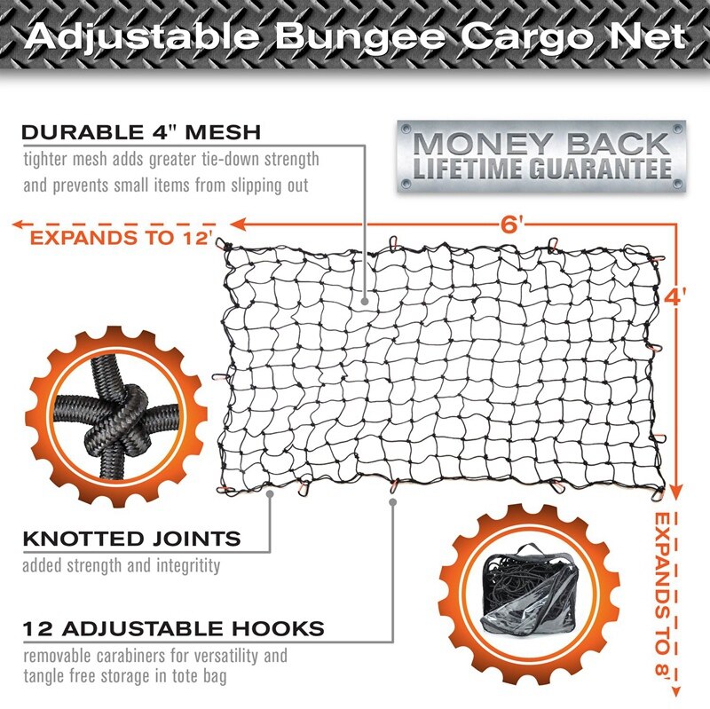 Super Duty Bungee Cargo Net For Truck Bed Stretches To 12 D Clip Carabiners | Small Mesh Holds Small And Large Loads Tighter