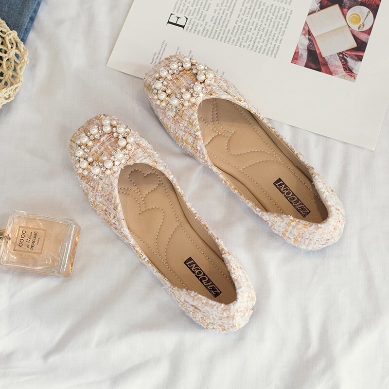 Frühling Sommer Frauen Wohnungen Platz Toe Slip on Flache Schuhe Perle Boot schuhe Damen Loafers Tweed Plaid Büro Schuhe Damen 8181C: Beige / 9.5