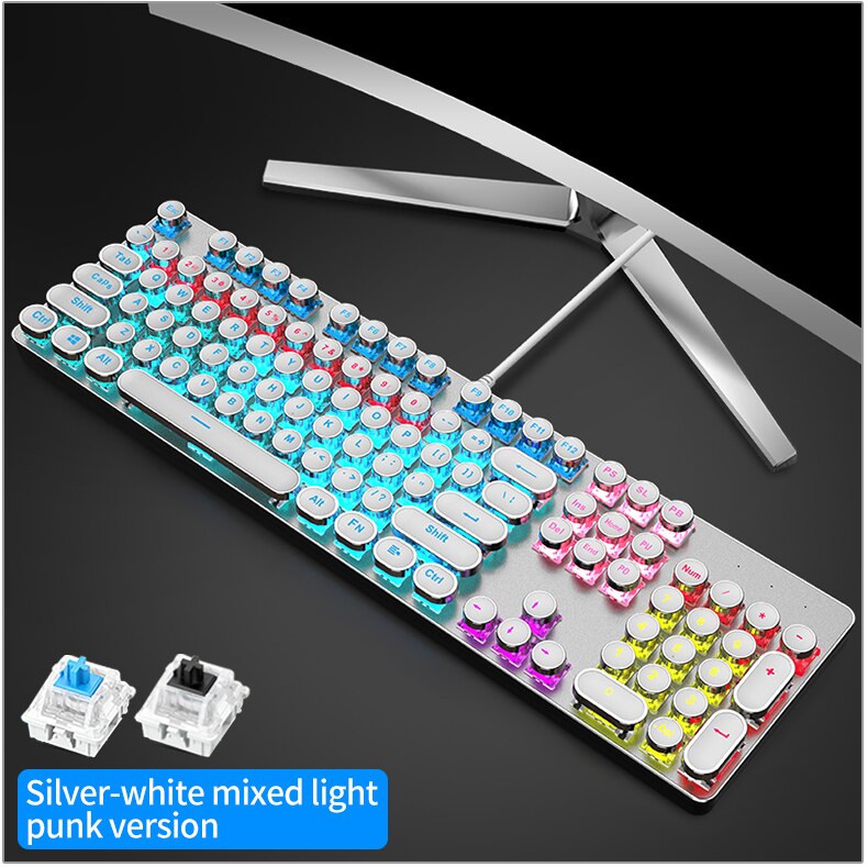 Punk Gaming Mechanical Keyboard Keys Multimedia Knob Steampunk Keyboards Metal panel for Laptop Desktop US Russian Sticker: punk button white / Blue Switch