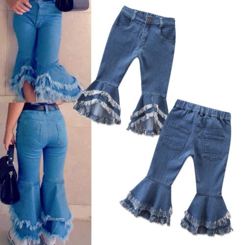 Girls Jeans Long Pants Toddler Denim Ruffle Flare Pants Trousers Slacks