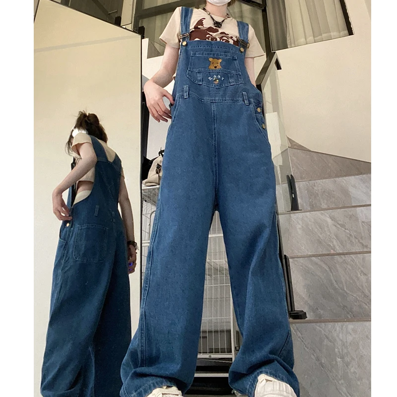 Oversize jumpsuit kvinnor söt nalle puh broderi vintage lös hög midja streetwear jeans jumpsuit