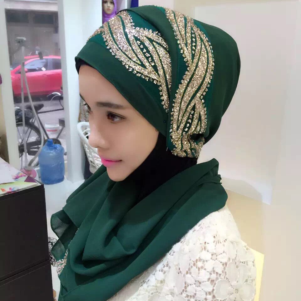 Fblus clurs dubai rejse skinnende tørklæde moske tørklæde dame chiffion farveblok hijab tørklæde sjal: Grøn