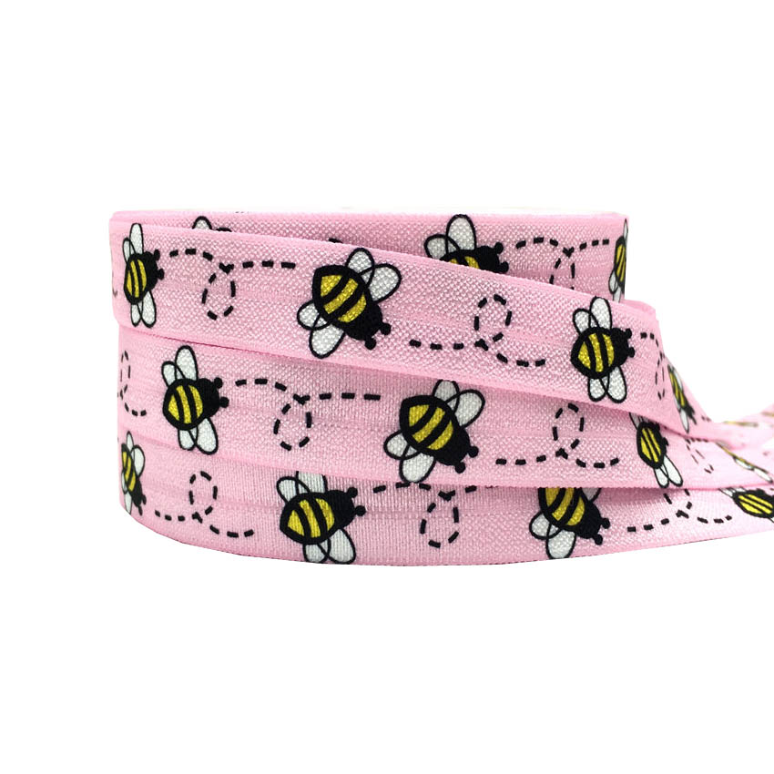 10 Yards 15mm Bee Polka Dot Taart Ballet meisje print Vouw over elastische Stretch band DIY meisjes haar banden hoofdband accessoires: P575