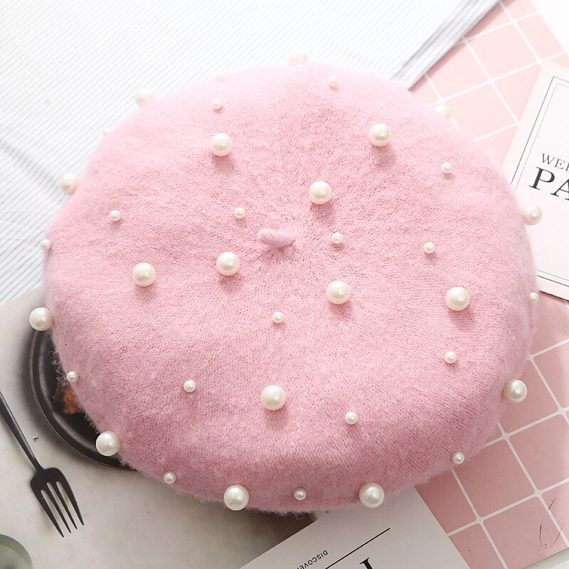 Wool Women Winter berets Luxury pearl rivet Vintage Cashmere Female Warm Vogue beret Hats Girls Flat cap beret for women: Pink