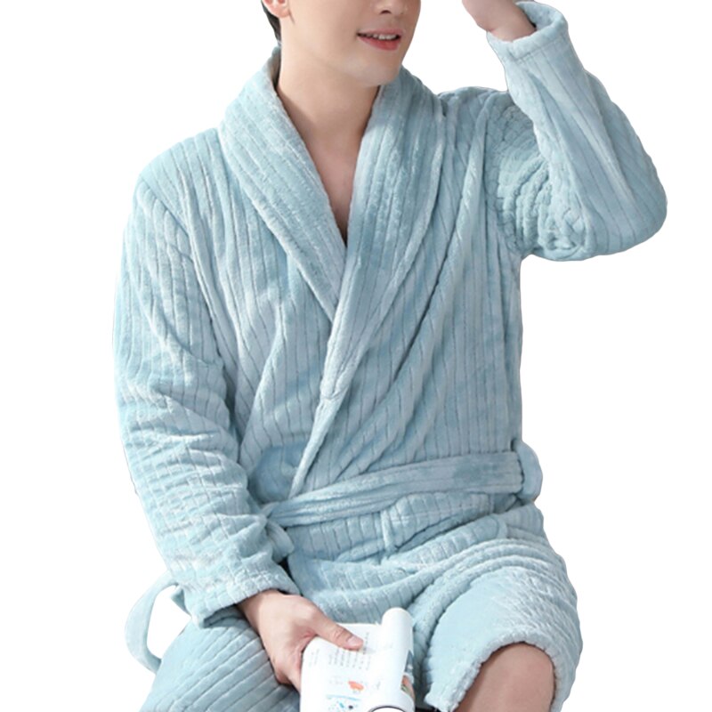 Sleepwear quente inverno homens pijamas macios casual sólido faixas mangas compridas nightgrown masculino pijamas homewear: Lake Blue