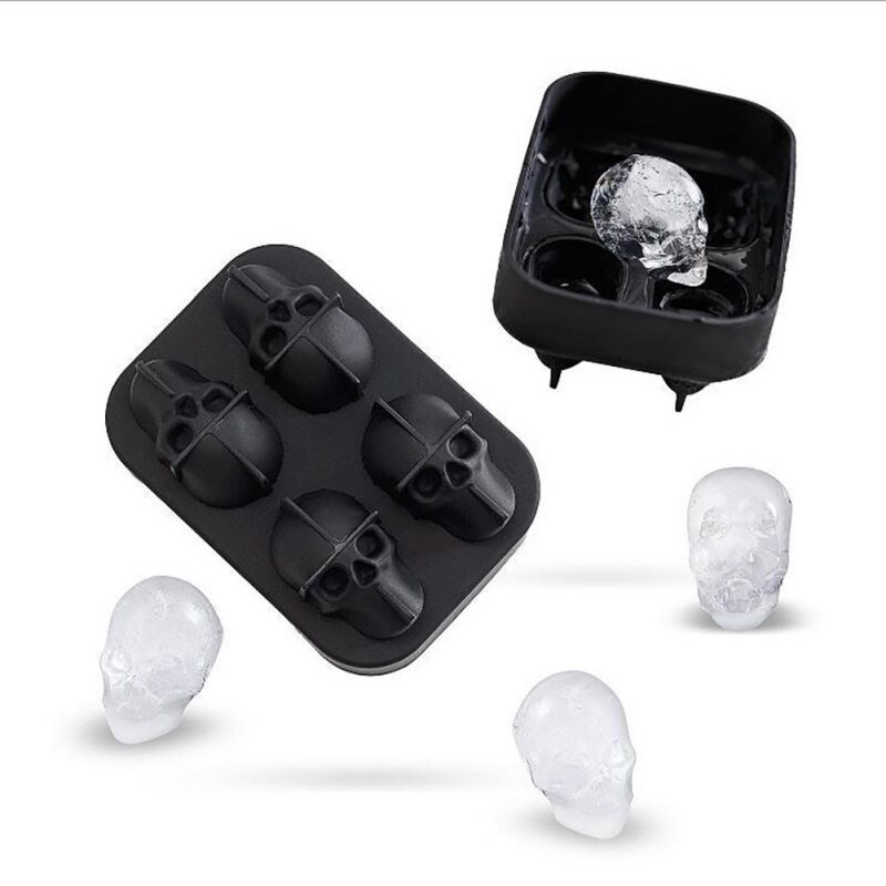 1pcs 3D Skull Flexible Silicone Ice Cube Mold Tray Makes Four Giant Skulls Round Ice Cube Maker Black