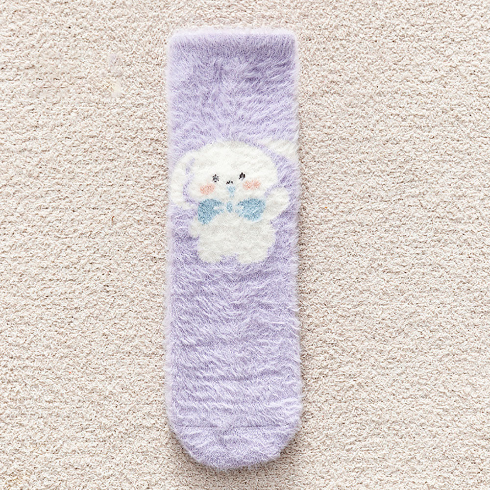 Calcetines de visón de imitación con lazo de conejos rosas dulces, calcetines cálidos de felpa para dormir en casa, calcetines de tubo peludos bonitos de dibujos animados japoneses Ins
