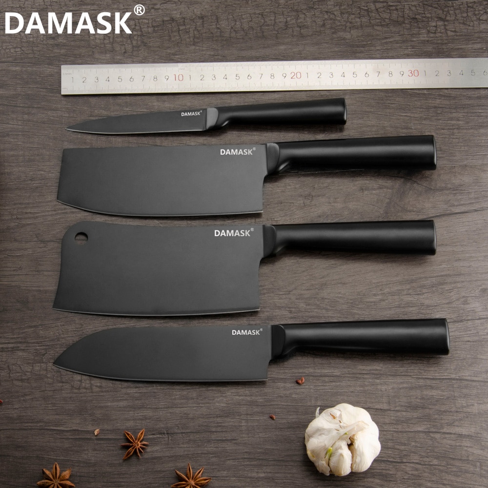 Damask rustfrit stål køkkenkniv sæt sort farve kok hakke nakiri slagter knive sæt 4 cr 14 mov kogekniv