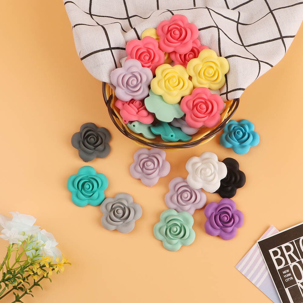 Kovict 10 stk silikone rose perler bpa gratis babybørster perler blomst form babybitringer til babybørser halskæde fremstilling