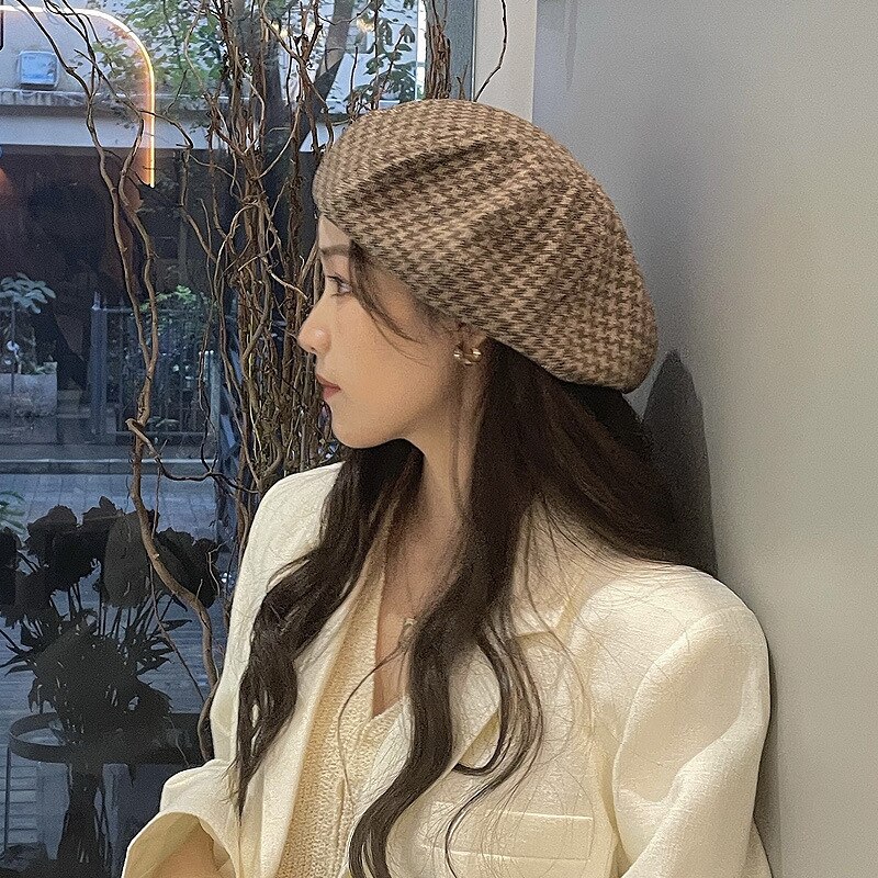 Béret pied-de-poule en forme de citrouille pour femme, Version coréenne, décontracté, chapeau de peintre, printemps et automne