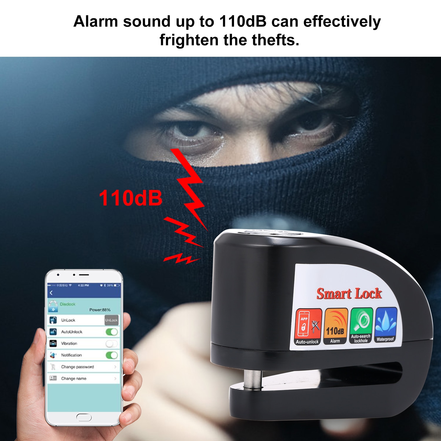 BT Motorcycle Bike Alarm Disc Lock Smart BT Disc Brake Lock Phone APP Control Keyless Anti-Theft Lock Waterproof