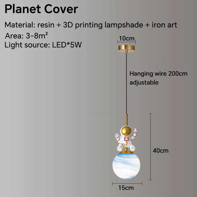 Lámpara colgante para la cama de la habitación de los niños, luz minimalista moderna, lámpara de lujo para dormitorio de niño, lámpara de Luna, candelabro pequeño de astronauta: Color blanco cálido / Azul