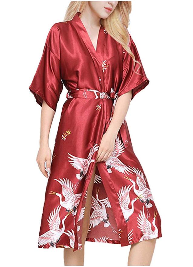 Grau Satin- Lange Bademantel Frauen Hochzeit Braut Brautjungfer Kleid Nachthemd Nachtwäsche Druck Kran Kimono Größe S M L XL XXL XXXL: 4XL / verrotten
