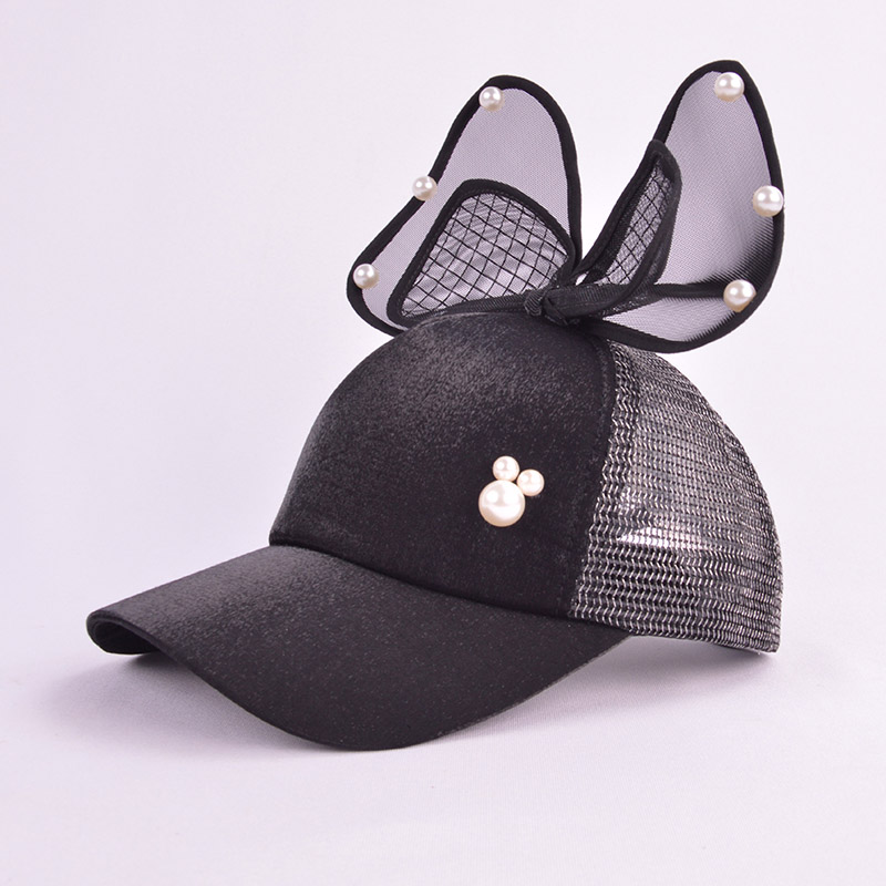 Lapin oreille enfants casquette de Baseball filles Snapback Protection solaire Hip Hop casquettes simulé perle grand arc enfants printemps été chapeau de soleil: pearl black mesh