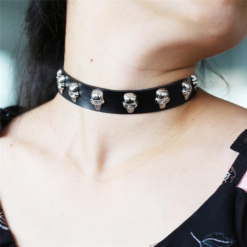 Trendy Punk Rock Silver Color Alloy Skull Leather Choker Necklace For Women Men Collar Jewelry