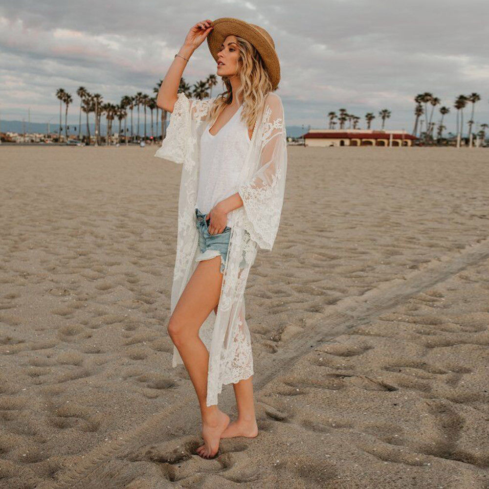 Vrouwen Beach Cover Up Beach Dress Chiffon Kant Kimono Cover Up Boho Casual Lange Mouw Vest Monokini Baden Kanten Jurk: WHITE