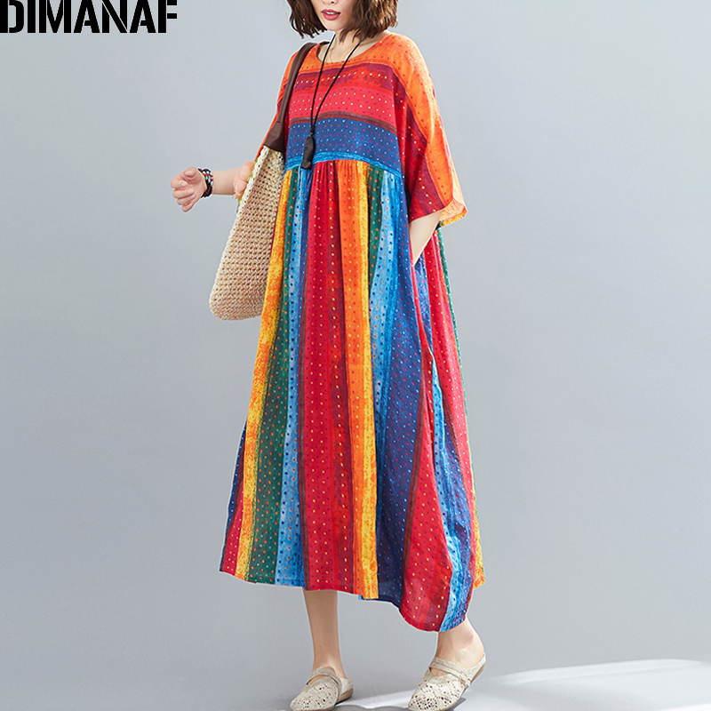 Dimanaf verão vestido de impressão oversize roupas femininas vestido de verão praia férias casual senhora vestidos algodão solto plus size 5xl 6xl