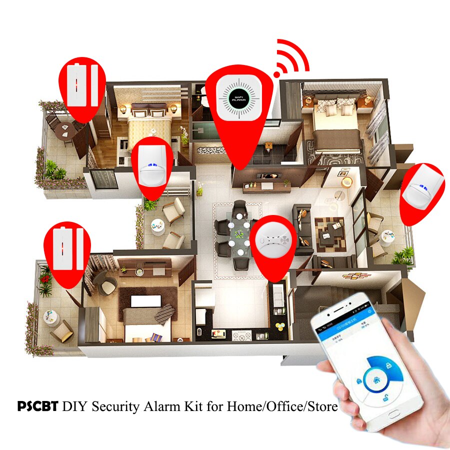 Wifi hjemmealarmsystem kits app kontrol android ios hjem sikkerhed sikkert system med pir sensor dør vindue detektor alarm sensor