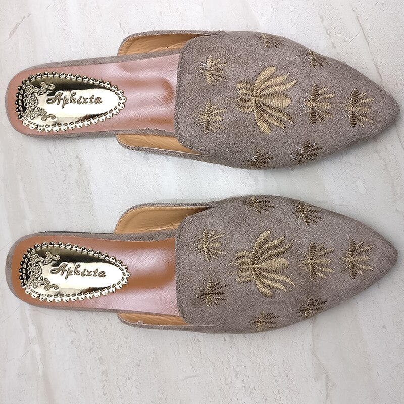 Aphixta femmes chaussures araignée pantoufles broderie peu profonde talon bas plat avec automne fleur Point orteil extérieur noir pantoufle