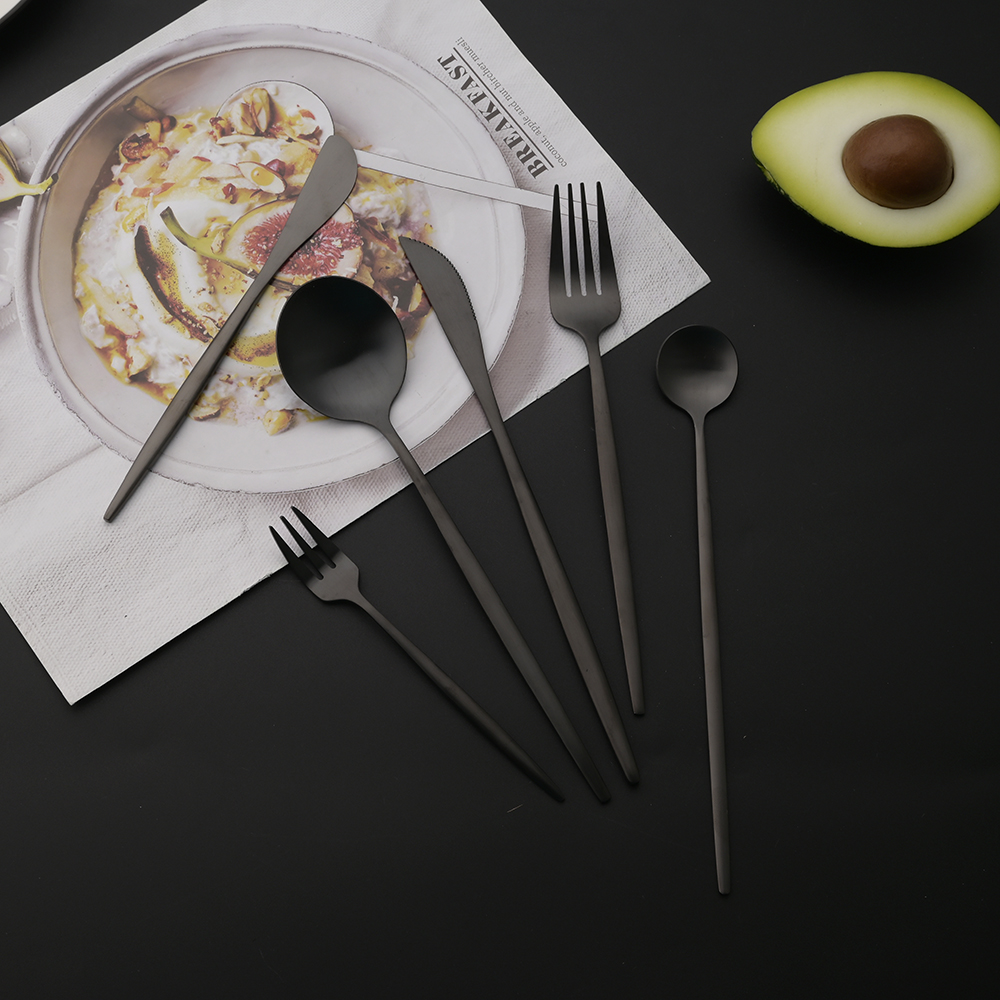 Juego de cubiertos de acero inoxidable para cocina, cubertería negra mate de 6 piezas, cuchara de hielo, tenedor, cuchillo de postre