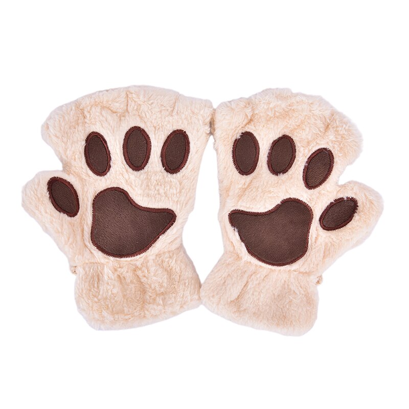 Soft Plush Short Fingerless Fluffy Bear Cat Gloves Costume Half Finger Black Beige Women Cute Cat Claw Paw Plush Mittens Warm: beige