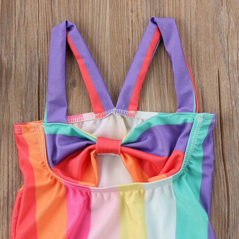 0-5y badkläder baby barn söta bikinis tjejer baddräkt i ett stycke regnbågsgrimma bowknot hög midja hål strandkläder baddräkt