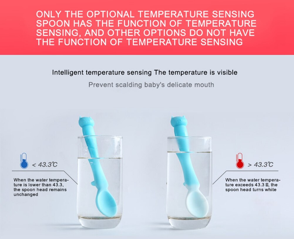 Produkt 2 stykke baby ske lille bærbar temperatur sensor ske børn silikone suppe stor
