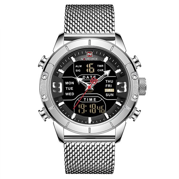 Naviforce Sport Analoge Digitale Horloges Mannen Luxe Rvs Sport Heren Horloges Digitale Waterdicht Man Horloge: silver