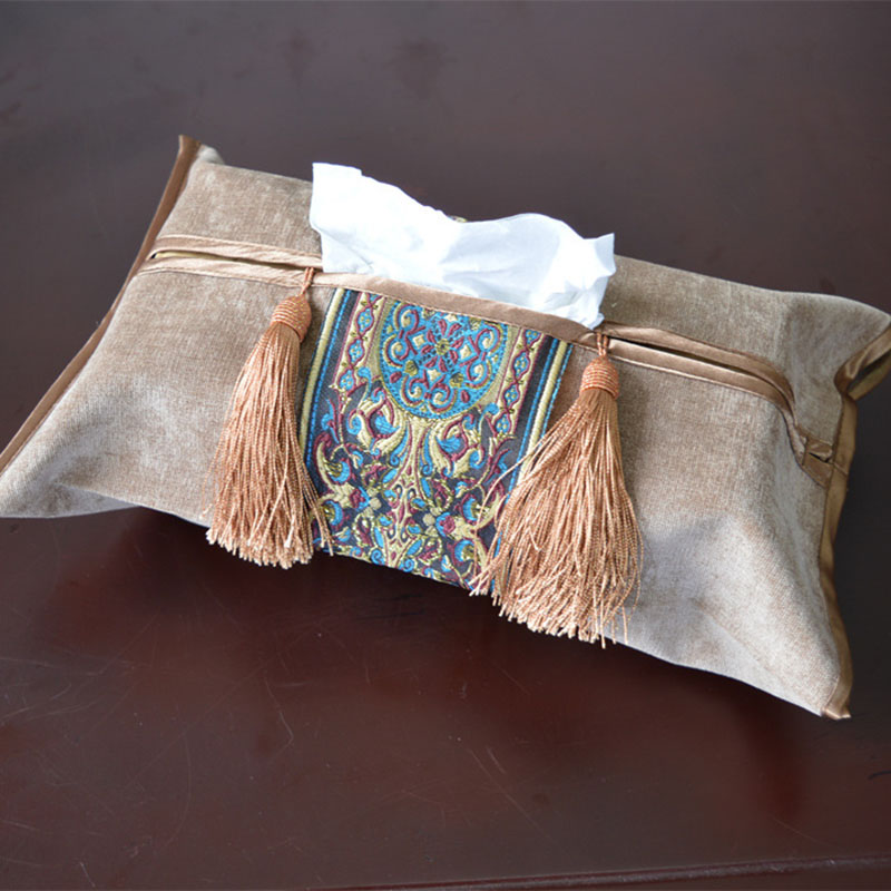 Boîte à mouchoirs brodée Style européen, housse de serviette pompée, sac de rangement classique en papier, décoration pour salle de mariage, voiture et hôtel: Camel