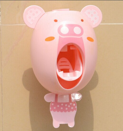 Cute Cartoon Plastic Automatic Toothpaste Dispenser Wall Mount Stand Bathroom: Pink