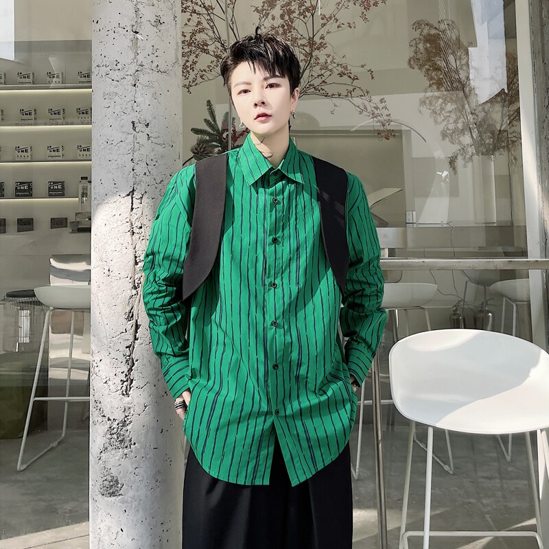 Chaleco a rayas para hombre, camisa informal holgada de manga larga, ropa de calle de Japón, coreano, Cityboy, a la