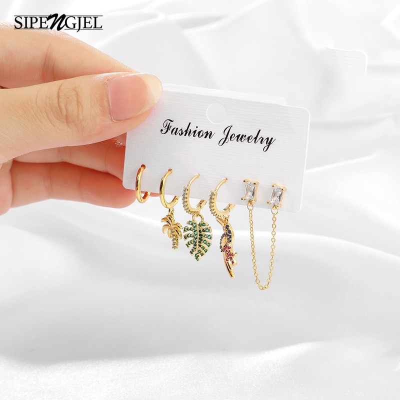 Cubic Zircon Flamingo And Tree Earrings Set Gold And Silver Color Shiny Crystal Hoop Earrings For Women Jewelry