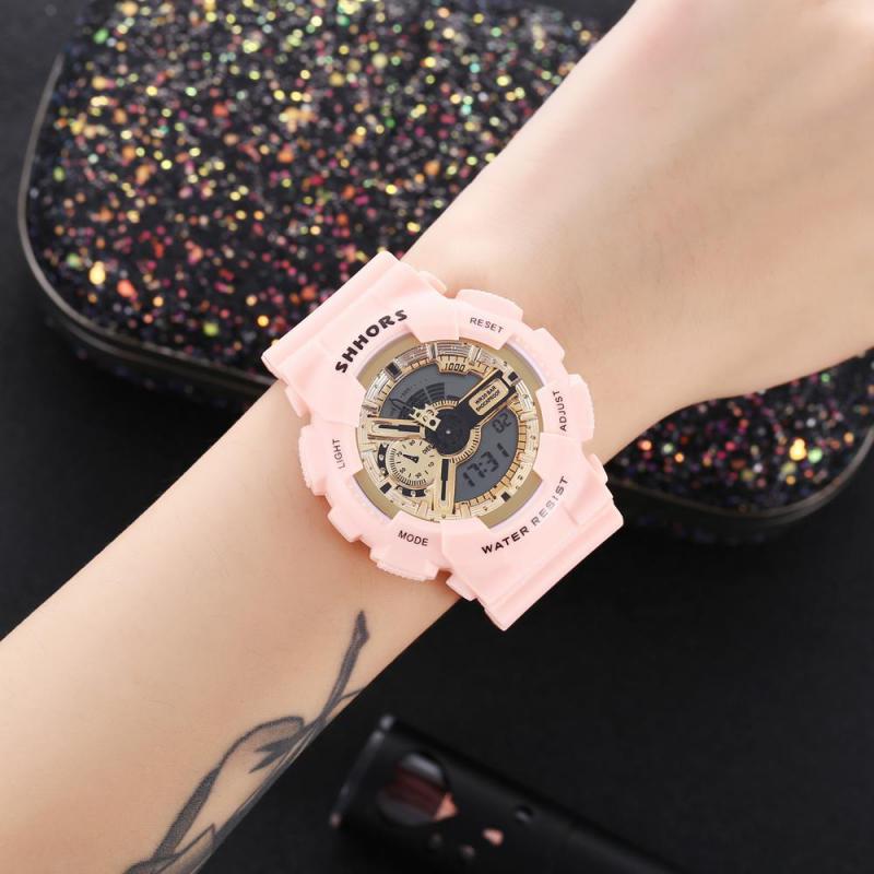 Shhors roze dameshorloges multifunctionele sporthorloges dames led-display analoog digitaal quartzhorloge reloj mujer
