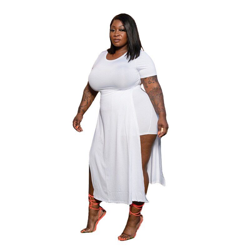 CM.YAYA Women Plus Size Tracksuit Solid Short Sleeve Split X-long T-shirt Strechy Short Two 2 Piece Sets Sporty Outfit Summer: White / 5XL
