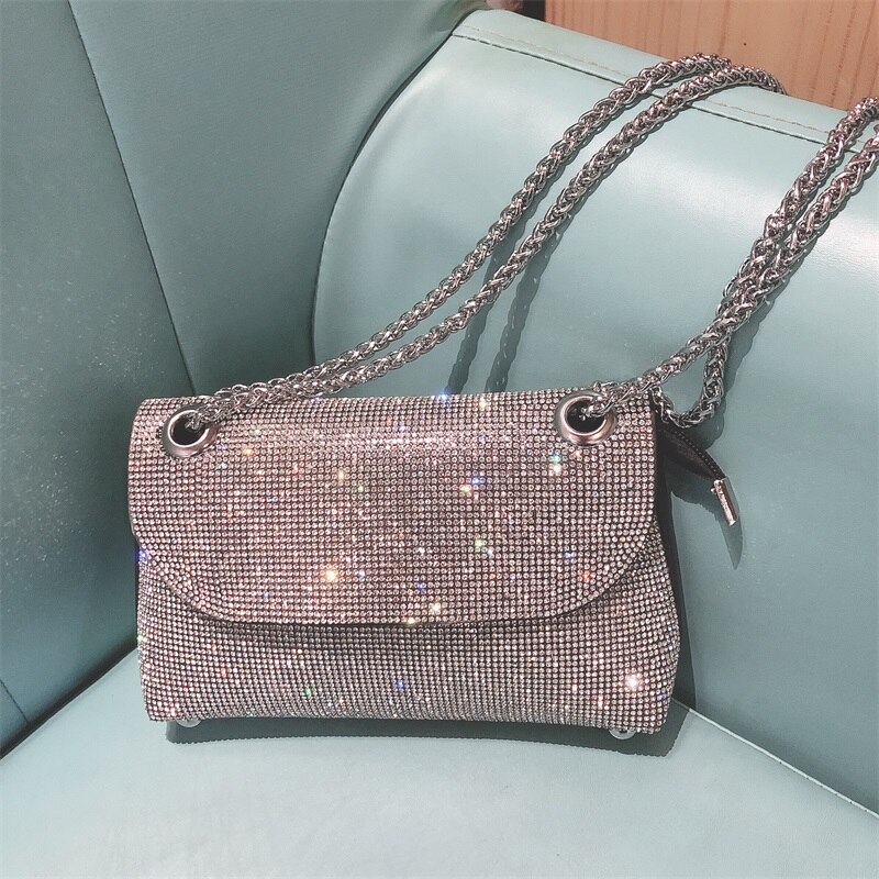 Bolso de mano con diamantes de imitación para mujer, superllamativas, cadena de Plata a la , bolso de hombro tipo bandolera,: Blanco