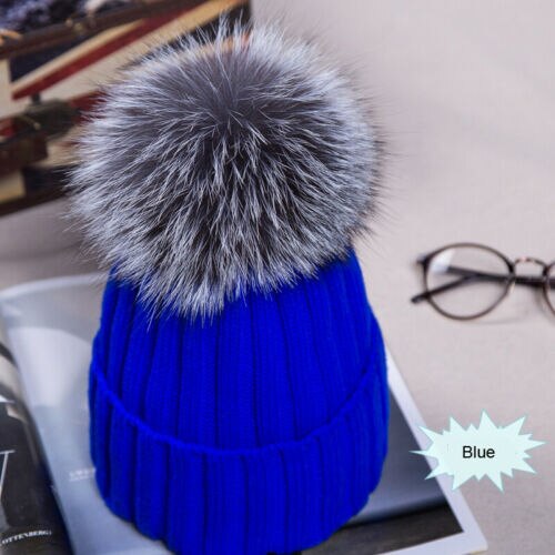 Gorro cálido de invierno para mujer, pompón esponjoso, grande, de piel sintética, negro, azul, blanco y rosa: 2