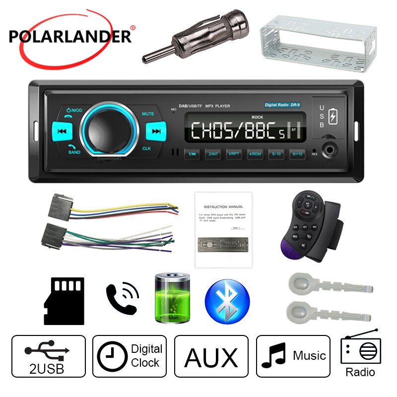 Autoradio numérique avec Interface ISO, double USB, FM, MP3, BALANCE, mains libres, DAB, USB, 1din, Bluetooth 4.2, WMV, APE, EQ, carte TF, disque U