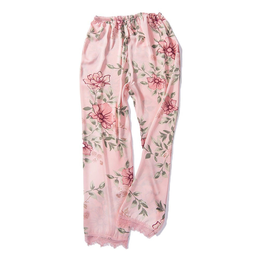 Kvinder dame silke satin pyjamas sæt pyjamas nattøj nattøj lounge slid kostume: Blomstret pink / M og l