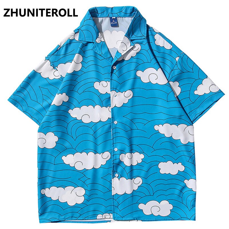 Multi Cloud Print Hawaiian Beach Shirts Hip Hop Short Sleeve Button Up Streetwear Japanese Shirt Mens Clothing Trends