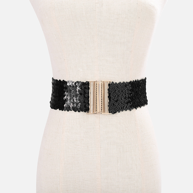 Cinto feminino de lantejoulas, elástico e brilhante, estilo corset, com fivela de metal, alça decorativa para corset, acessório para vestido de festa.