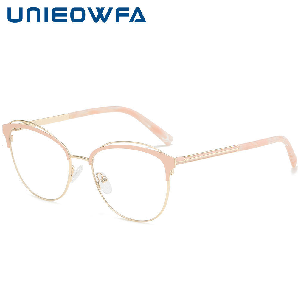 Stainless Steel Cat Eye Glasses Frame Women Optical Prescription Eyeglasses Frame Ladies Myopia Brand Spectacles Female: Pink